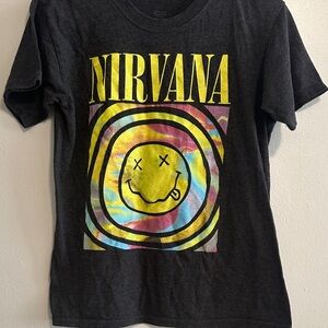 NIRVANA Black Tee with Colorful Smiley Design